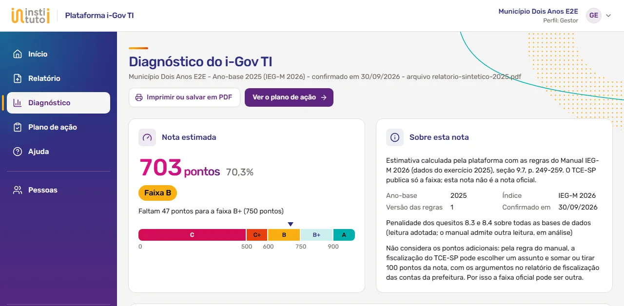 Tela de diagnóstico da plataforma: nota estimada de 703 pontos, faixa B, régua das faixas do IEG-M e explicação de como a nota foi calculada.